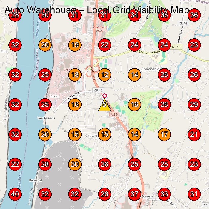 Auto Warehouse GeoGrid visibility map for Used Car Dealer in Newburgh